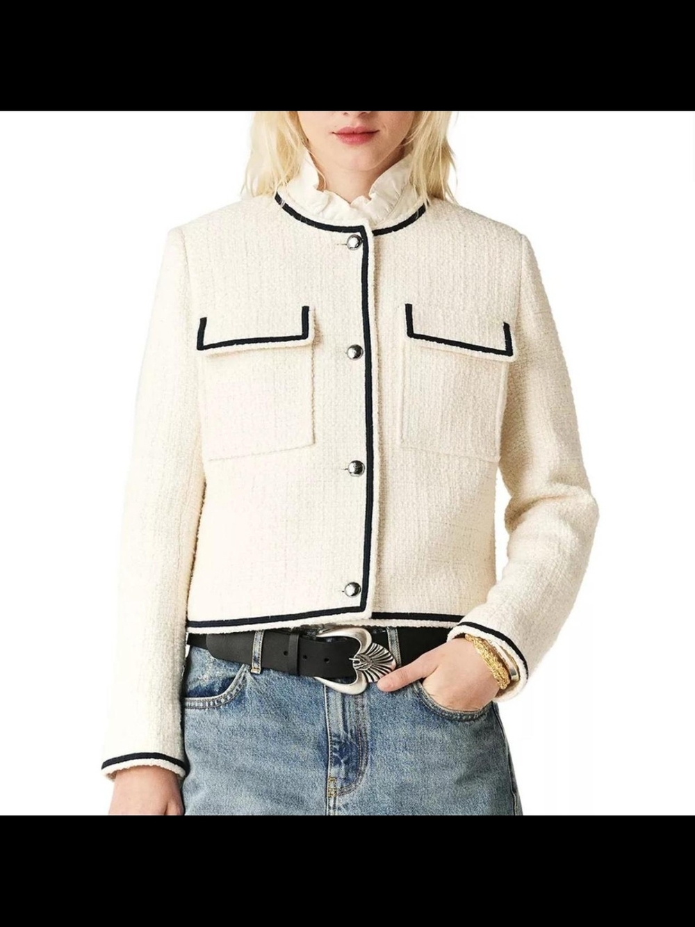 ba&sh Cream Bouclé Jacket with Black Trim